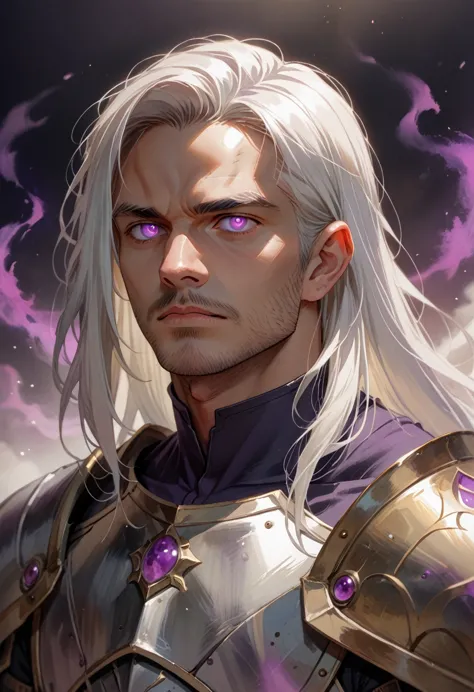 knull,king in black,male humanoid,,white hair,long hair,purple eyes,glowing eyes,sharp focus,fantasy armor,(gradient armor),purp...