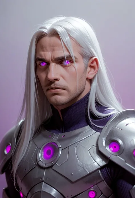 knull,king in black,male humanoid,,white hair,long hair,purple eyes,glowing eyes,sharp focus,futuristic armor,(gradient lines ar...