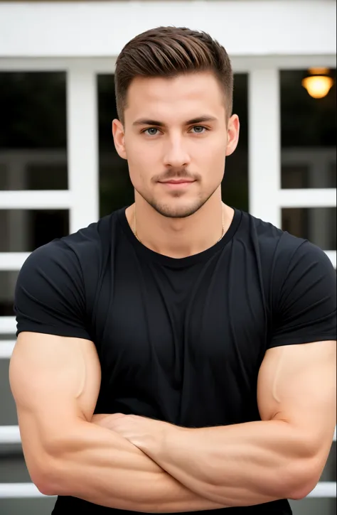 1man muscular male wear a fitted black t-shirt, tennis and shorts, 30 years old，small beard, Sexy and charming expression，gloomy eyes，Blue eyes, soft natural lighting, professional, formal atmosphere, front view, sharp focus, well-balanced exposure. front portrait