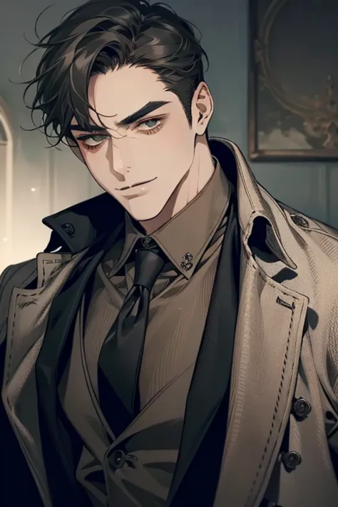 masterpiece, best quality, realistic, 1man, mature male, quiet and charming mature man, 3, smirk and look on the side, closed mouth, portrait, extremely detailed face, smirk, (dark green eyes), (short-side-swept sandy grey black hair)), [thick eyebrows], (detective clothing)