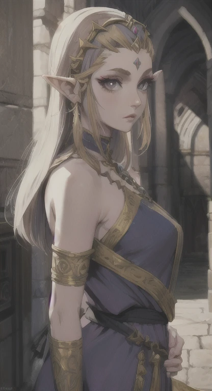 Ancient Hylian, lore accurate, princess Zelda, looking at viewer, POV, ancient princess dress, long messy hair, ancient Hyrule, medieval castle, 