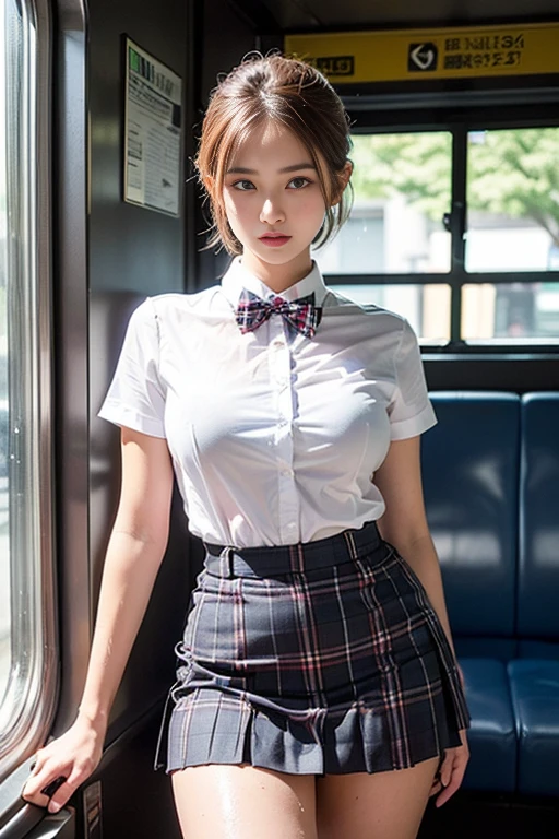 ((A high school girl standing in front of the train door)),((Wet semi-transparent white short-sleeved shirt、Red bow tie、Dark blue checked pleated skirt)). 40k, photograph, Tabletop, Highest quality, Cloudy grey sky, ((A girl with beautiful eyes、Brown Light、Wet short hair, . White skin, Various poses.((Medium sized breasts,:1.1)), Highest quality, Tabletop, Ultra-high resolution, (Realistic:1.4), RAWphotograph, (Perfect Body Type), (slim:1.3), slimな腹部, Perfect slim figure, Dynamic pose, (((Voluptuous figure :0.9))), alone, 12000K cold light, Advanced Details facial and skin texture, Detailed eyes, Realistic目, 美しいDetailed eyes, (Realistic肌), attractive, Ultra-high resolution, Ultra-realistic, Advanced Details,((she&#39;s soaking wet)),((Very good)),((The bra is visible))