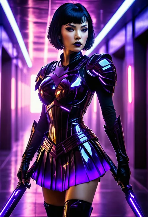 "create a dark, futuristic scene featuring a lone female warrior with short black hair, dressed in a shiny, dark-purple battle u...