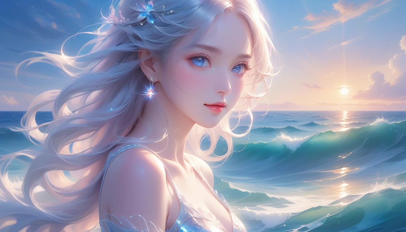 A Masterpiece In 32K Resolution, Supreme Quality, Super Detail, Official Art, Ultra-High-Definition 32K Wallpaper, Immaculate And Stunning, Perfectly Detailed Expression, Awe-Inspiring Composition. A Serene Coastal Landscape With (Gentle Ocean Waves) And (Swirling Mist), Illuminating Her Silky, Radiant Skin (Highlighting Her Ample Breasts). A Girl With A Gentle, Yet Mysterious Smile, Long Silver Hair Flowing Elegantly In The Breeze, And Azure Eyes That Sparkle Like The Deep Sea. Her Poise Is Both Graceful And Commanding, Lit By The (Cool Moonlight Glow). Incredible Depth Of Expression With Every Gesture Exuding A Sense Of Serenity, Enveloped In A (Heavenly Aura). The Ocean Reflects Her Grace With (Crystal Clear Details), Creating A Harmonious And Timeless Visual Masterpiece. This Painting Captures A Figure Of Poised Elegance, Radiating An Otherworldly Allure.