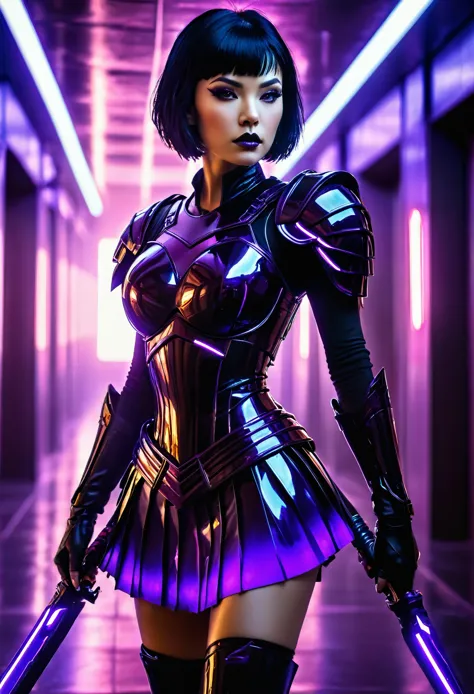 "create a dark, futuristic scene featuring a lone female warrior with short black hair, dressed in a shiny, dark-purple battle u...