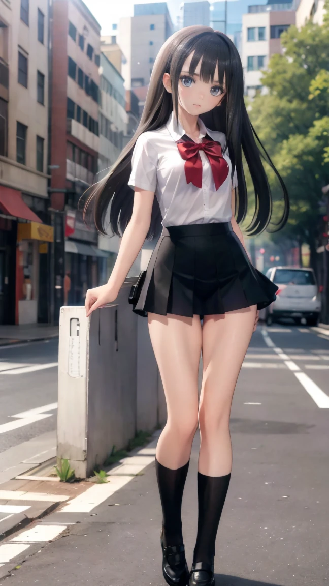 4K,Highest quality, Very detailed,masterpiece,anime, Ultra-high resolution,If you look closely at the eyes, Best illustrations, Very condensed one girl, （Very delicate and cute face）,Small breasts,Black Hair，（（Medium Long Hair））,Hair is about shoulder length,Tuck one side of your hair behind your ear,（（カーディガンマイクロmini skirt））,,mini skirt,,,（Grey Eyes）,,Inside the school,In the city,,Standing,looking at the camera,