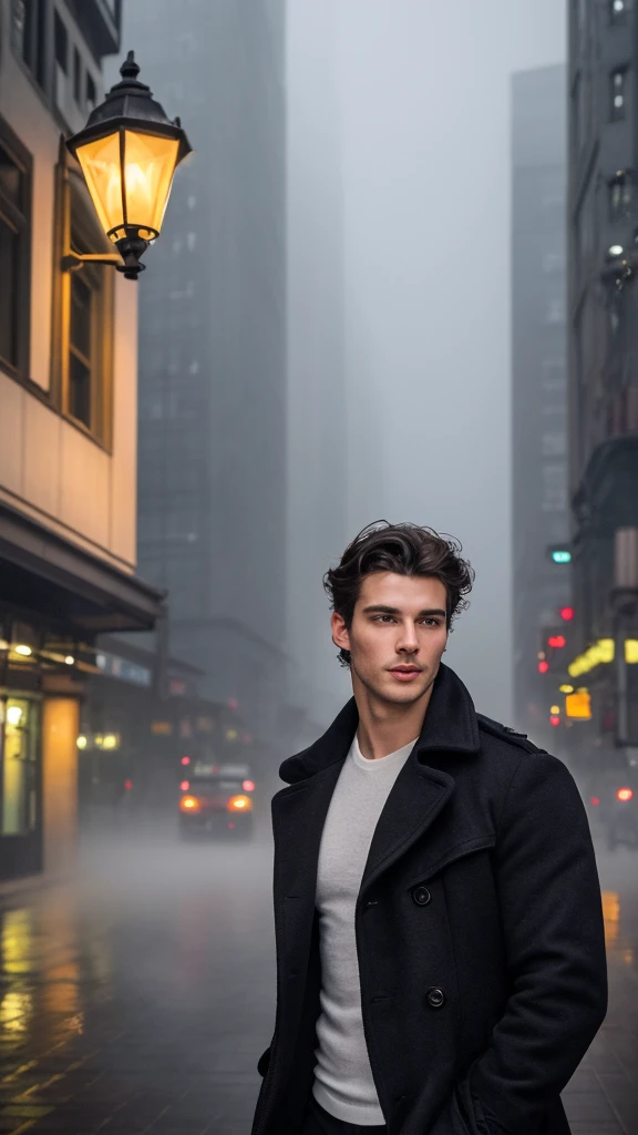 A handsome man with bright eyes,black flowy hair, natural beauty, handsome face,sharp jaw line, photogenic expression, wearing shirt and over coat, in a misty environment, evening time, near a street lamp, in a futuristic city, best quality photo, 16 k resolution, realistic, masterpiece, homoerotic ,nsfw