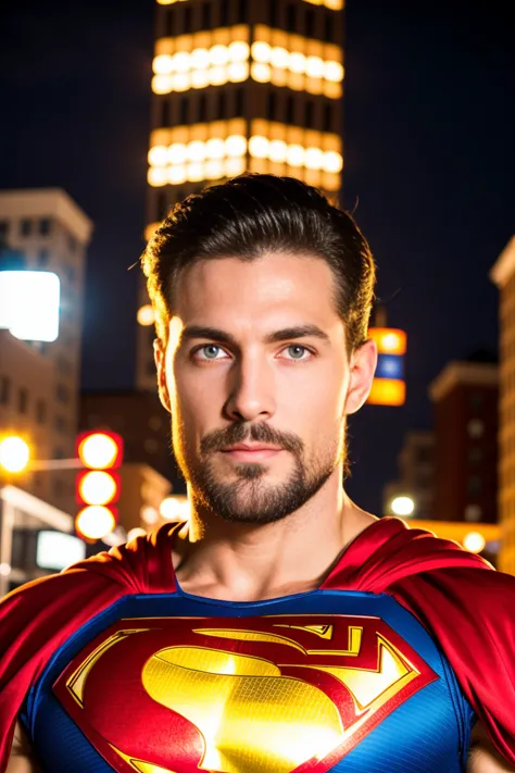 1 muscular man in a superman suit, long red cape, 30 years，small beard, sexy and charming expression.，gloomy eyes，blue eyes, wit...