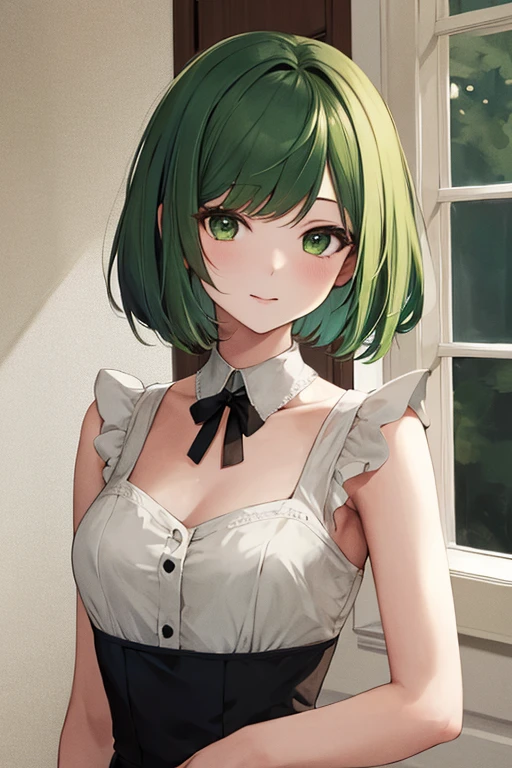 masterpiece, Highest quality, High resolution, One girl, alone, short hair, Green Hair, Bobcut, Maid&#39;s Headdress, blue eyes, Large Breasts, Frills, Vertical striped dress, Blue Dress, Short sleeves,  Black Pantyhose, Standing, Cowboy Shot, Arms on back, smile, 【Open your mouth, Leaning forward, Outdoor, Cherry Blossom, Browsing Caution.