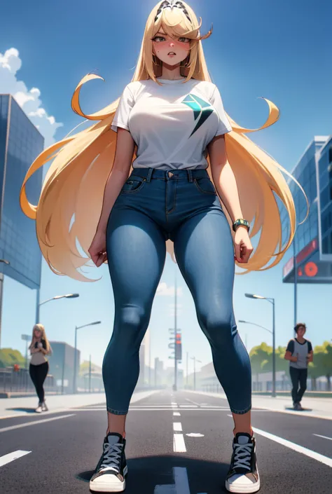 mythra hikari, long blonde hair, sexy t-shirt, tight jeans, sneakers, city scene. sudden body growth (your body begins to grow s...