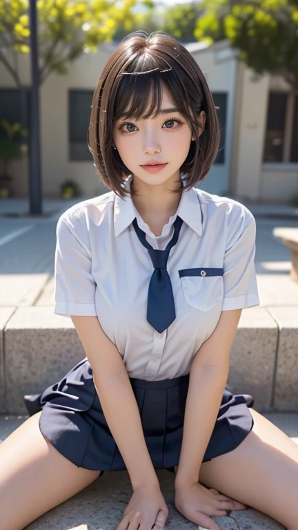 (((Highest quality))), ((masterpiece)), (detailed), ((solo)), ((((((1 high school girl wearing large-sized school uniform)))))), ((Slender body)), (((Legs visible through the skirt))), ((White skin)), ((((Angle of view that includes the face and whole body)))), (((Well-formed face))), ((Big eyes)), (((((((Drooping eyes))))))), ((((Closer Eyes)))), ((Glossy skin)), ((Angle from below)), ((((Correct Anatomy)))), Spread your legs, Delicate and thin thighs, ((((Fashionable bangs)))), ((Stylish hairstyle)), Delicate and thin hips, (((((Straddle position))))),