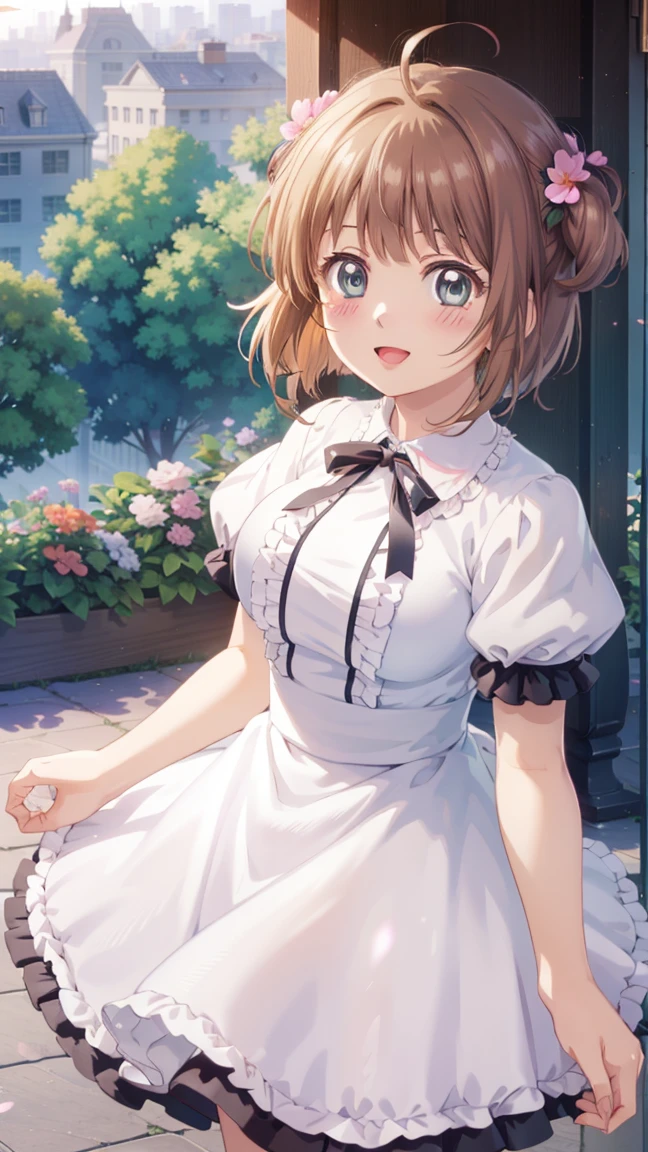 masterpiece, Highest quality, High resolution, One girl, Detailed face, blush, Anime CG Style, Medium breast, (1 girl:d-up), Good lighting, Perfect body, Sakura Kinomoto, Glossy Lips, city, garden, A light smile, Idol Dress