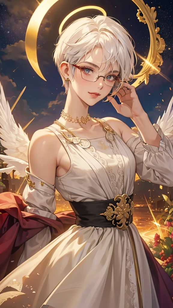 8k, masterpiece, best quality, highly detailed, 1 girl, tiefling, warlock, pixie cut, multicolored hair, very short straight hair red highlight hair on white hair, strippled hair, wearing glasses, round glasses, earrings, red eyeshadow, long eyelashes, blushed cheek, red lips, pearl necklace, rings, collarbone, mole on face, glamorous, white and gold clothes, sleeveless, laced dress, smirk, close up view, rings, looking at viewer, demon horns, solo, starry sky, radiant gold moon, standing, golden halo, white lace gloves, heavenly scene, halo, holy palace in background.