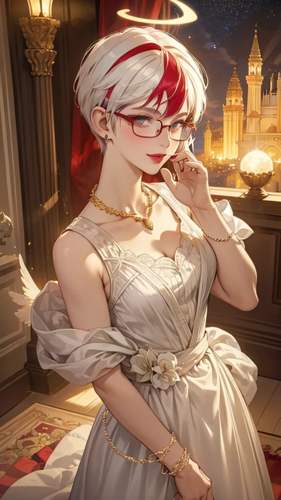 8k, masterpiece, best quality, highly detailed, 1 girl, tiefling, warlock, devil horns, pixie cut, multicolored hair, very short straight hair red highlight hair on white hair, strippled hair, wearing glasses, round glasses, earrings, red eyeshadow, long eyelashes, blushed cheek, red lips, pearl necklace, rings, collarbone, mole on face, glamorous, white and gold clothes, sleeveless, laced dress, smirk, close up view, rings, looking at viewer, solo, starry sky, radiant gold moon, standing, golden halo, white lace gloves, heavenly scene, halo, holy palace in background.