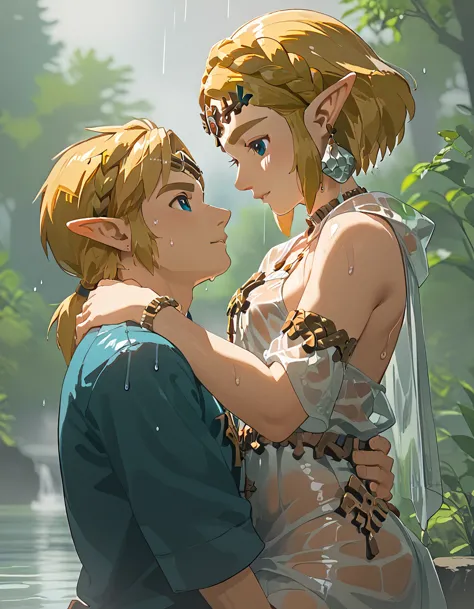 zelda is getting wet in the rain、the clothes are see-through、nipple irregularities、embracing the blonde young man link