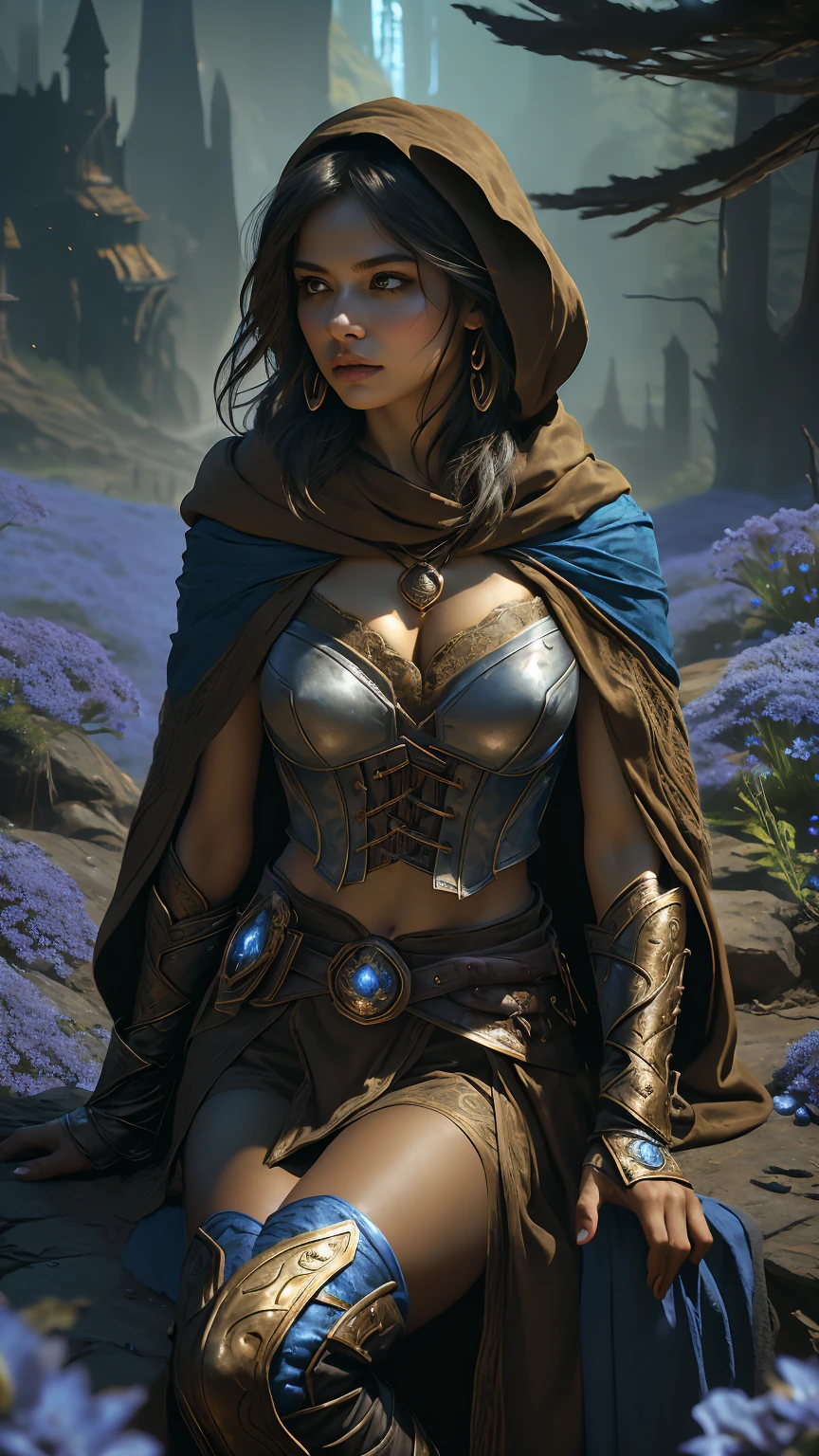 A stunningly beautiful and fierce woman stands in a dimly lit, mysterious forest. She exudes a rebellious aura, with her long, flowing hair and eyes that sparkle with defiance. Dressed in a blend of rugged leather and elegant fabrics, she appears both dangerous and alluring. In her hand, she holds a finely crafted sword, a symbol of her strength and skill. The background is a misty landscape, suggesting an epic journey. The lighting is dramatic, casting shadows that add to the mystery and intensity of the scene. The overall mood is one of adventure, romance, and a hint of danger, 
break
Beautiful female bandit, solo, (slim:1.2), (perfect anatomy), Rebellious aura, Long flowing hair, Sparkling defiant eyes, Rugged leather attire, Elegant fabric, Finely crafted sword, Mysterious forest, Misty landscape, Dramatic lighting, Shadowy ambiance, Adventure and romance, Hint of danger, extremely delicate and beautiful Dutch girl, solo, perfect eyes, intricately detailed beautiful Multicolored eyes, looking at viewer, intricately detailed skin, perfect anatomy, (god rays:1.2), Indomitable spirit, Fearless determination, Resilient warrior, Unyielding courage, Fierce resolve, Steadfast defiance, Bold defiance, Tenacious fighter, Empowered bravery, Warrior spirit, middle earth, Necromancer Raising an army of undead to do their bidding, Heiress, Tall, Skinny, Round Face, Dark Skin, Silver Hair, brown Eyes, Narrow Nose, Thin Lips, Round Chin, Shoulder-Length Hair, Thick Hair, Lace Braid, firm breasts, Dangle earrings, brown matte lipstick, A sprawling dwarven city, carved deep into the heart of a mountain, Tolkien,
break
armor, belt, boots, cape, cloak, corset, fingerless gloves, fire, gauntlets, gloves, hood, hooded cloak, jewelry, knife, lantern, mask, midriff, mole, mole under mouth, mouth mask, navel, necklace, pouch, scar, weapon, Celestial Hearthstone Tavern, ((sitting on rock, surrounded by blue flowers))