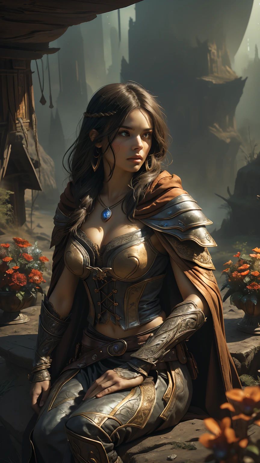 A stunningly beautiful and fierce woman stands in a dimly lit, mysterious forest. She exudes a rebellious aura, with her long, flowing hair and eyes that sparkle with defiance. Dressed in a blend of rugged leather and elegant fabrics, she appears both dangerous and alluring. In her hand, she holds a finely crafted sword, a symbol of her strength and skill. The background is a misty landscape, suggesting an epic journey. The lighting is dramatic, casting shadows that add to the mystery and intensity of the scene. The overall mood is one of adventure, romance, and a hint of danger, 
break
Beautiful female bandit, solo, (slim:1.2), (perfect anatomy), Rebellious aura, Long flowing hair, Sparkling defiant eyes, Rugged leather attire, Elegant fabric, Finely crafted sword, Mysterious forest, Misty landscape, Dramatic lighting, Shadowy ambiance, Adventure and romance, Hint of danger, extremely delicate and beautiful Dutch girl, solo, perfect eyes, intricately detailed beautiful Multicolored eyes, looking at viewer, intricately detailed skin, perfect anatomy, (god rays:1.2), Indomitable spirit, Fearless determination, Resilient warrior, Unyielding courage, Fierce resolve, Steadfast defiance, Bold defiance, Tenacious fighter, Empowered bravery, Warrior spirit, middle earth, Necromancer Raising an army of undead to do their bidding, Heiress, Tall, Skinny, Round Face, Dark Skin, Silver Hair, brown Eyes, Narrow Nose, Thin Lips, Round Chin, Shoulder-Length Hair, Thick Hair, Lace Braid, firm breasts, Dangle earrings, brown matte lipstick, A sprawling dwarven city, carved deep into the heart of a mountain, Tolkien,
break
armor, belt, boots, cape, cloak, corset, fingerless gloves, fire, gauntlets, gloves, hood, hooded cloak, jewelry, knife, lantern, mask, midriff, mole, mole under mouth, mouth mask, navel, necklace, pouch, scar, weapon, Celestial Hearthstone Tavern, ((sitting on rock, surrounded by red flowers))