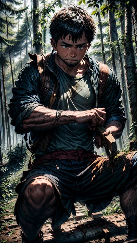 depict a humble woodcutter in simple, tattered clothes, chopping wood in a dense forest during early morning light. his face sho...