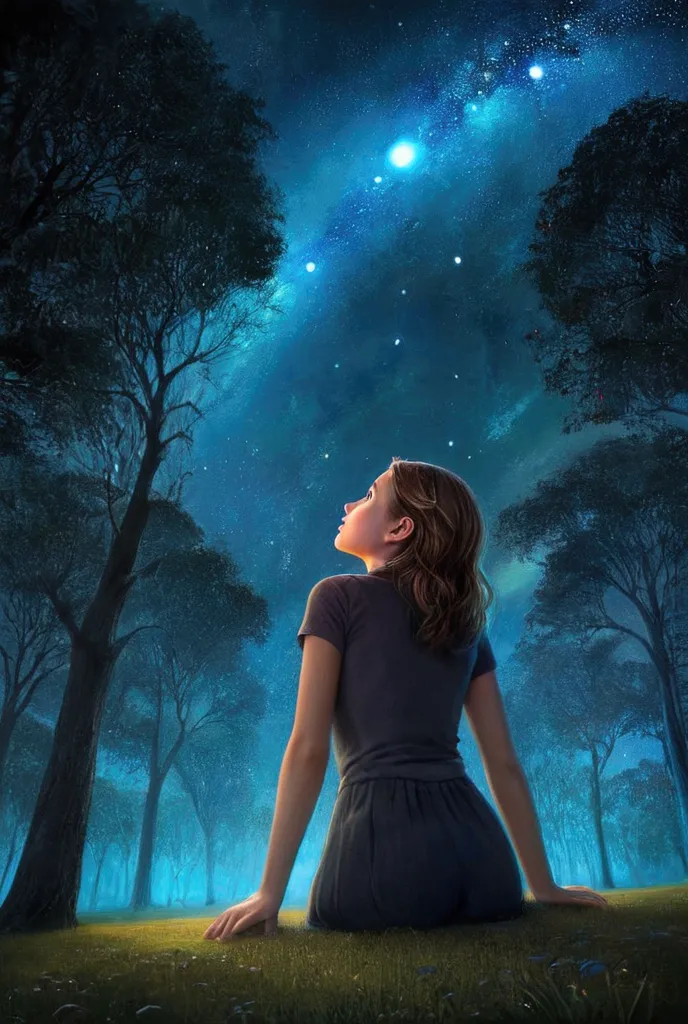 night park,a girl is looking up at the sky,black hole in the night sky,a world that draws you in,high resolution, anatomically c...