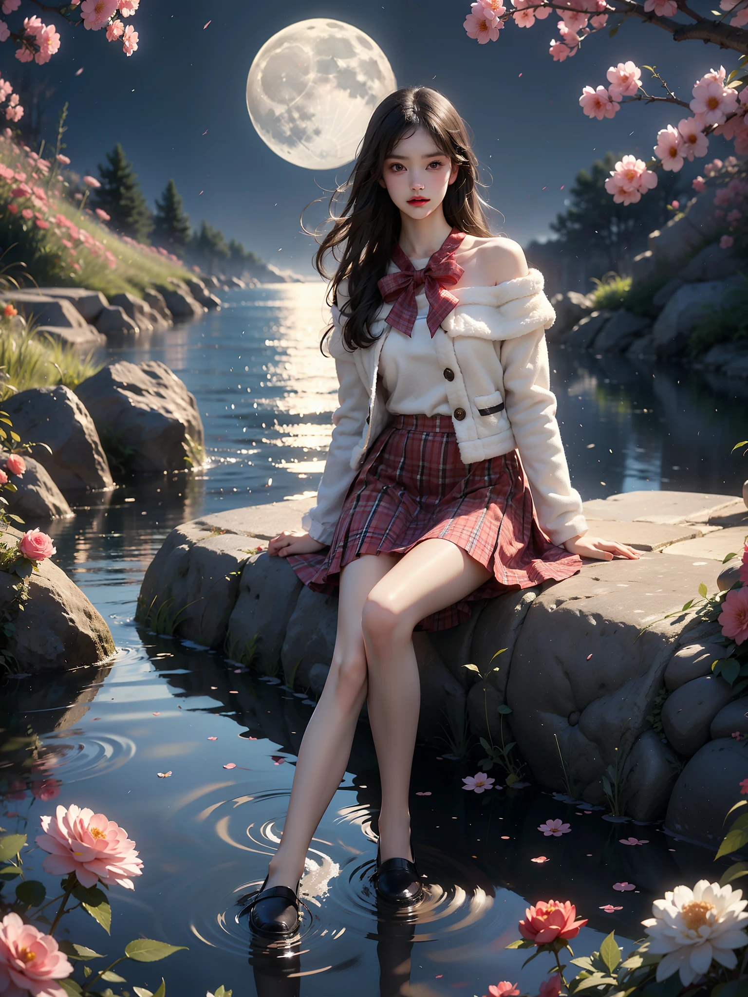 dating attire, bow, jacket, skirt, pantyhose, bow socks, black footwear (High quality details), 1 Girl, solo, Young women, Elegant Posture, ((night, moonlight)), (Female figure，Lying in the water naturally，River Water，rock, Relaxed expression), (Focus on natural body posture and correct anatomy:1.3), (Perfect leg proportions:1.3)，(True and accurate leg shape:1.2), ((Natural leg position)), The skirt is very short, One hand stroked the hem of the skirt, Lift the hem of your skirt, Bare shoulders, Natural posture, Soft expression, Exquisite makeup, Soft blush, Bright Eyes, Soft lips, Flower fairy style, ((Anatomically accurate)), (Real natural legs), Smooth skin, Soft lighting, high resolution, 8K Ultra HD, Clear focus, Professional photography effects, Random elegant scenes, Multi-angle shooting