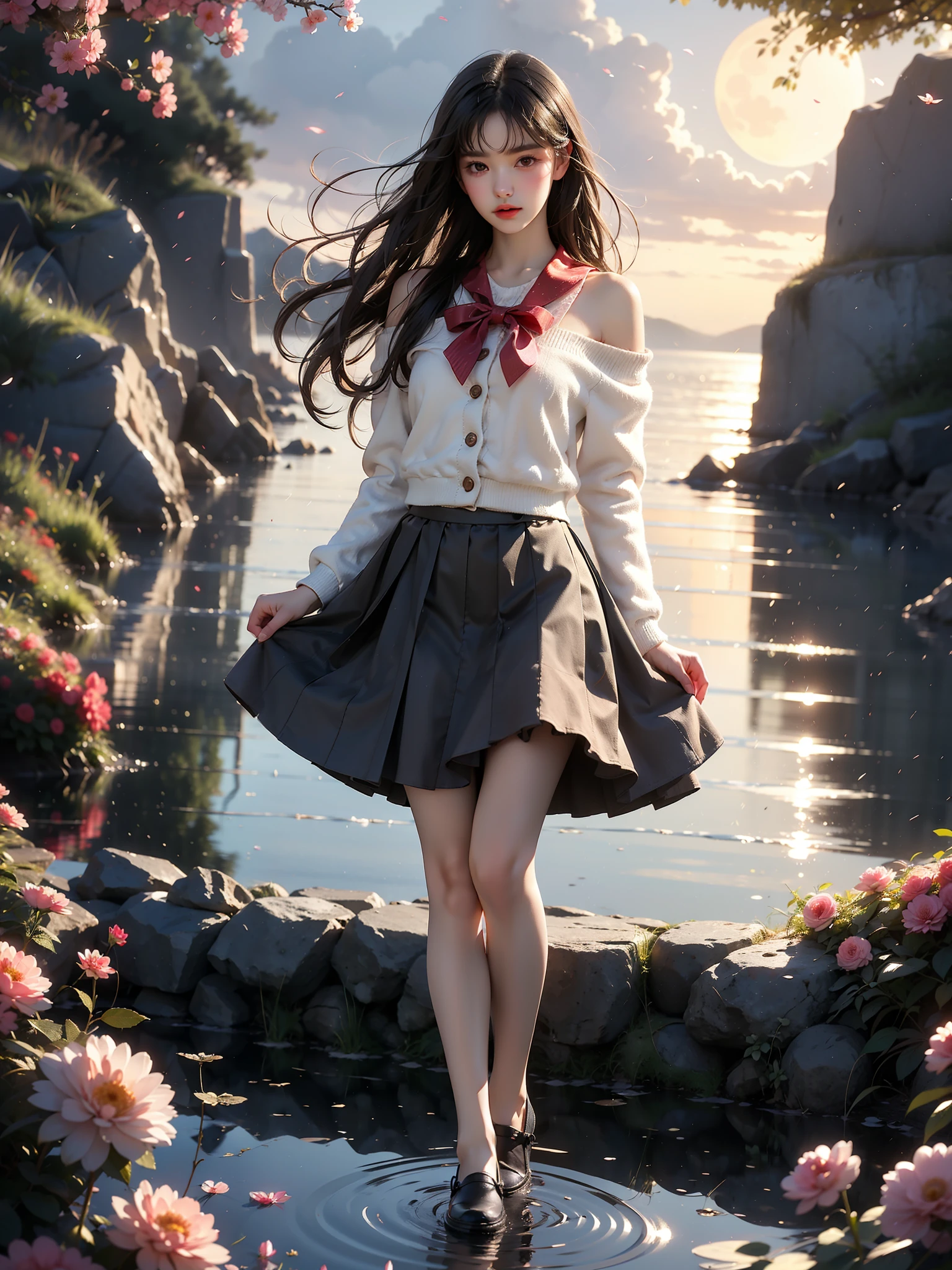 dating attire, bow, jacket, skirt, pantyhose, bow socks, black footwear (High quality details), 1 Girl, solo, Young women, Elegant Posture, ((night, moonlight)), (Female figure，Lying in the water naturally，River Water，rock, Relaxed expression), (Focus on natural body posture and correct anatomy:1.3), (Perfect leg proportions:1.3)，(True and accurate leg shape:1.2), ((Natural leg position)), The skirt is very short, One hand stroked the hem of the skirt, Lift the hem of your skirt, Bare shoulders, Natural posture, Soft expression, Exquisite makeup, Soft blush, Bright Eyes, Soft lips, Flower fairy style, ((Anatomically accurate)), (Real natural legs), Smooth skin, Soft lighting, high resolution, 8K Ultra HD, Clear focus, Professional photography effects, Random elegant scenes, Multi-angle shooting