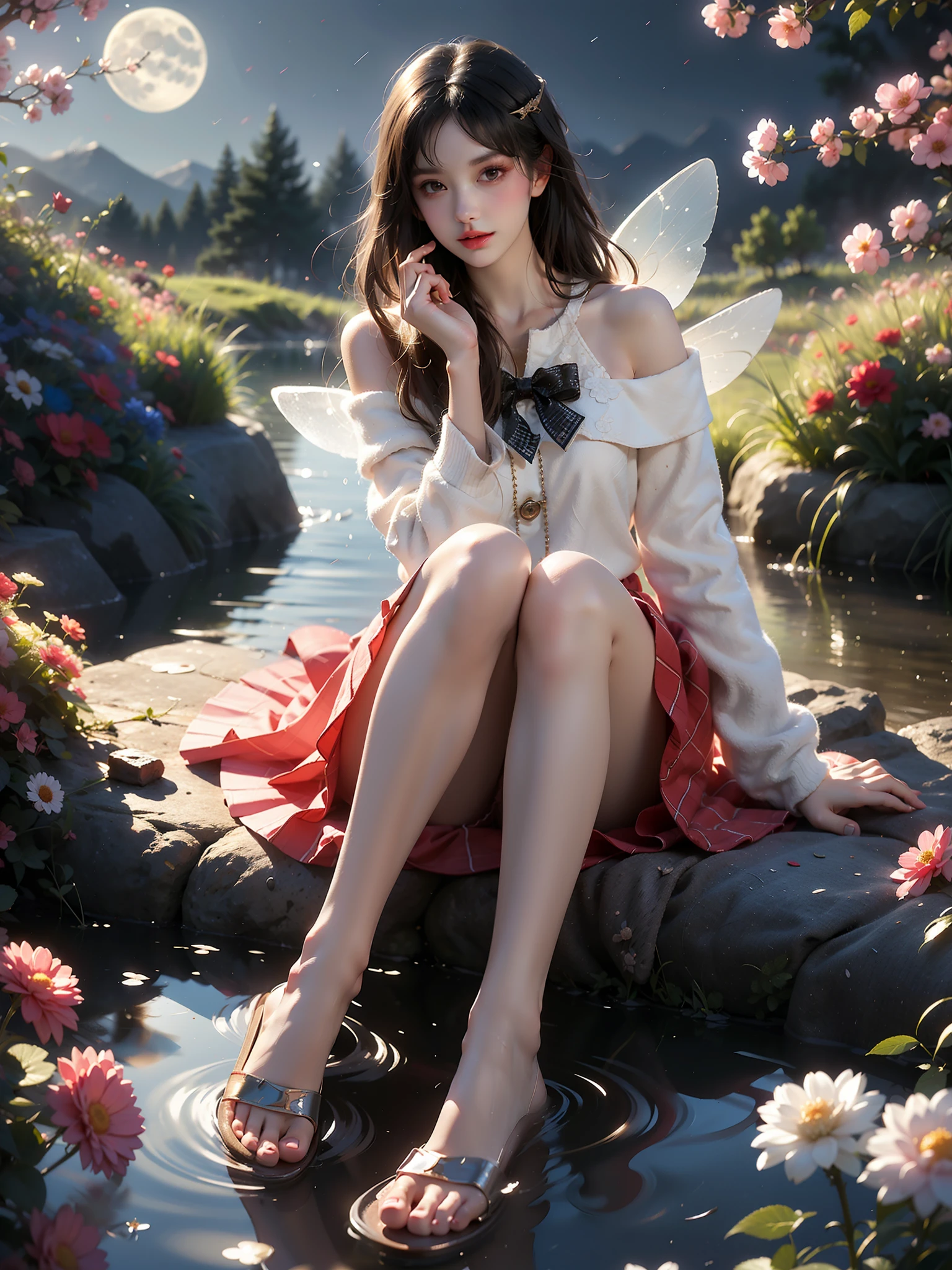 dating attire, bow, jacket, skirt, pantyhose, bow socks, black footwear (High quality details), 1 Girl, solo, Young women, Elegant Posture, ((night, moonlight)), (Female figure，Lying in the water naturally，River Water，rock, Relaxed expression), (Focus on natural body posture and correct anatomy:1.3), (Perfect leg proportions:1.3)，(True and accurate leg shape:1.2), ((Natural leg position)), The skirt is very short, One hand stroked the hem of the skirt, Lift the hem of your skirt, Bare shoulders, Natural posture, Soft expression, Exquisite makeup, Soft blush, Bright Eyes, Soft lips, Flower fairy style, ((Anatomically accurate)), (Real natural legs), Smooth skin, Soft lighting, high resolution, 8K Ultra HD, Clear focus, Professional photography effects, Random elegant scenes, Multi-angle shooting