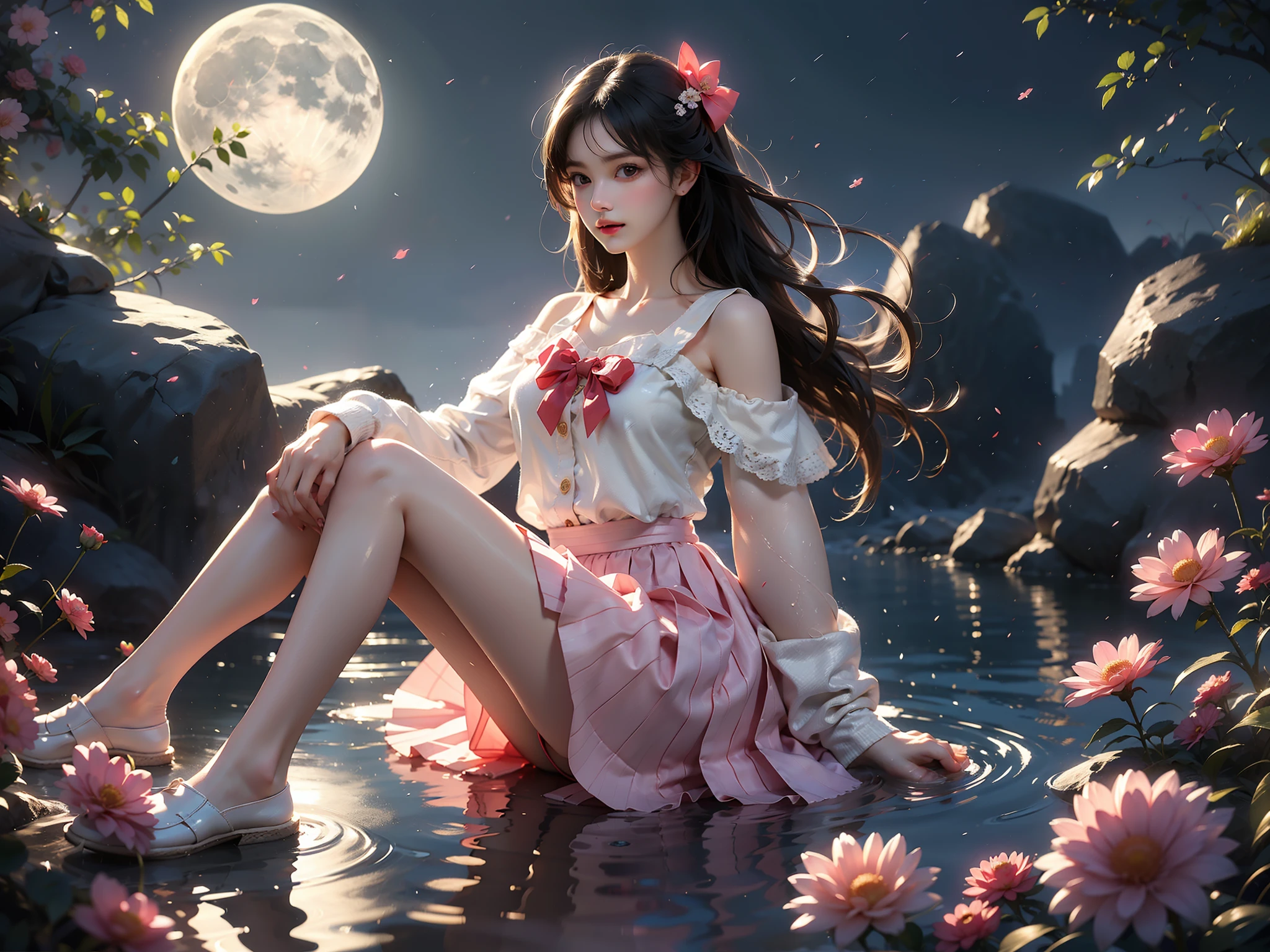 dating attire, bow, jacket, skirt, pantyhose, bow socks, black footwear (High quality details), 1 Girl, solo, Young women, Elegant Posture, ((night, moonlight)), (Female figure，Lying in the water naturally，River Water，rock, Relaxed expression), (Focus on natural body posture and correct anatomy:1.3), (Perfect leg proportions:1.3)，(True and accurate leg shape:1.2), ((Natural leg position)), The skirt is very short, One hand stroked the hem of the skirt, Lift the hem of your skirt, Bare shoulders, Natural posture, Soft expression, Exquisite makeup, Soft blush, Bright Eyes, Soft lips, Flower fairy style, ((Anatomically accurate)), (Real natural legs), Smooth skin, Soft lighting, high resolution, 8K Ultra HD, Clear focus, Professional photography effects, Random elegant scenes, Multi-angle shooting