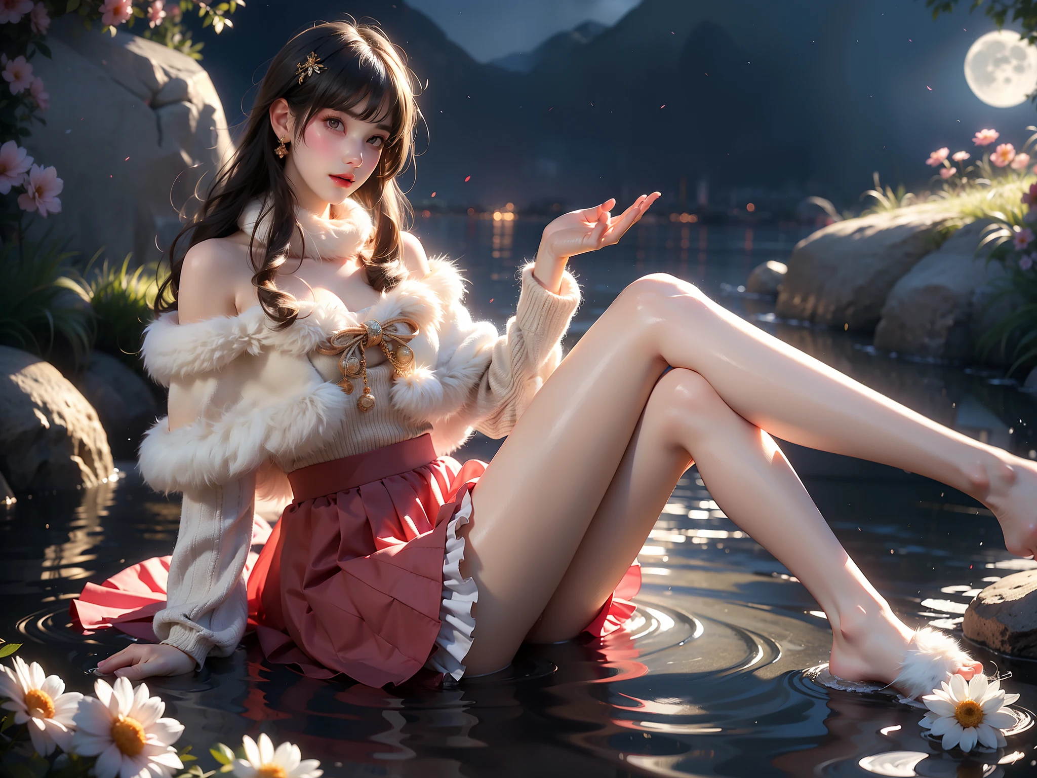 cyb skirt, long sleeves, capelet, wool ball scarf, scarf (High quality details), 1 Girl, solo, Young women, Elegant Posture, ((night, moonlight)), (Female figure，Lying in the water naturally，River Water，rock, Relaxed expression), (Focus on natural body posture and correct anatomy:1.3), (Perfect leg proportions:1.3)，(True and accurate leg shape:1.2), ((Natural leg position)), The skirt is very short, One hand stroked the hem of the skirt, Lift the hem of your skirt, Bare shoulders, Natural posture, Soft expression, Exquisite makeup, Soft blush, Bright Eyes, Soft lips, Flower fairy style, ((Anatomically accurate)), (Real natural legs), Smooth skin, Soft lighting, high resolution, 8K Ultra HD, Clear focus, Professional photography effects, Random elegant scenes, Multi-angle shooting