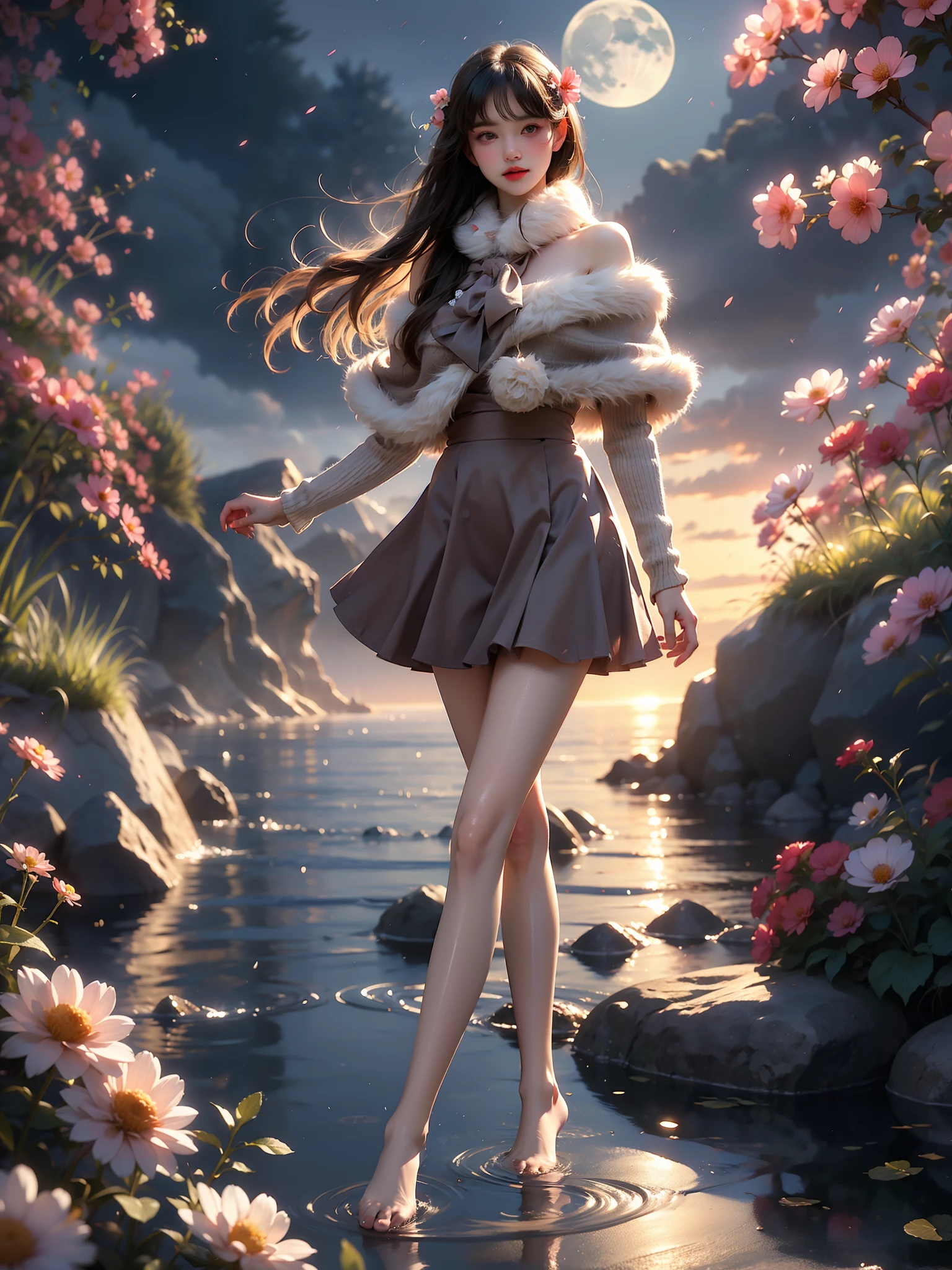 cyb skirt, long sleeves, capelet, wool ball scarf, scarf (High quality details), 1 Girl, solo, Young women, Elegant Posture, ((night, moonlight)), (Female figure，Lying in the water naturally，River Water，rock, Relaxed expression), (Focus on natural body posture and correct anatomy:1.3), (Perfect leg proportions:1.3)，(True and accurate leg shape:1.2), ((Natural leg position)), The skirt is very short, One hand stroked the hem of the skirt, Lift the hem of your skirt, Bare shoulders, Natural posture, Soft expression, Exquisite makeup, Soft blush, Bright Eyes, Soft lips, Flower fairy style, ((Anatomically accurate)), (Real natural legs), Smooth skin, Soft lighting, high resolution, 8K Ultra HD, Clear focus, Professional photography effects, Random elegant scenes, Multi-angle shooting