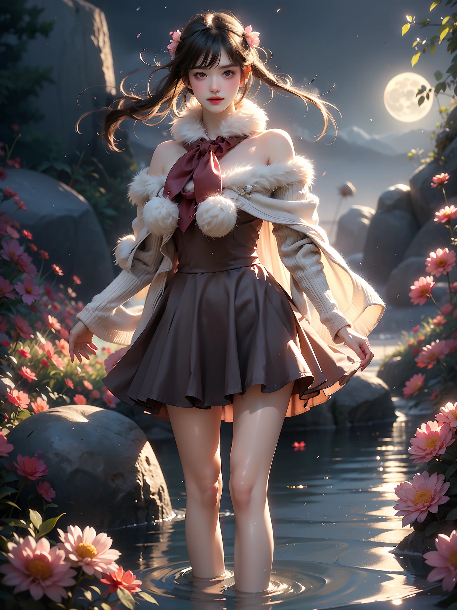 cyb skirt, long sleeves, capelet, wool ball scarf, scarf (High quality details), 1 Girl, solo, Young women, Elegant Posture, ((night, moonlight)), (Female figure，Lying in the water naturally，River Water，rock, Relaxed expression), (Focus on natural body posture and correct anatomy:1.3), (Perfect leg proportions:1.3)，(True and accurate leg shape:1.2), ((Natural leg position)), The skirt is very short, One hand stroked the hem of the skirt, Lift the hem of your skirt, Bare shoulders, Natural posture, Soft expression, Exquisite makeup, Soft blush, Bright Eyes, Soft lips, Flower fairy style, ((Anatomically accurate)), (Real natural legs), Smooth skin, Soft lighting, high resolution, 8K Ultra HD, Clear focus, Professional photography effects, Random elegant scenes, Multi-angle shooting