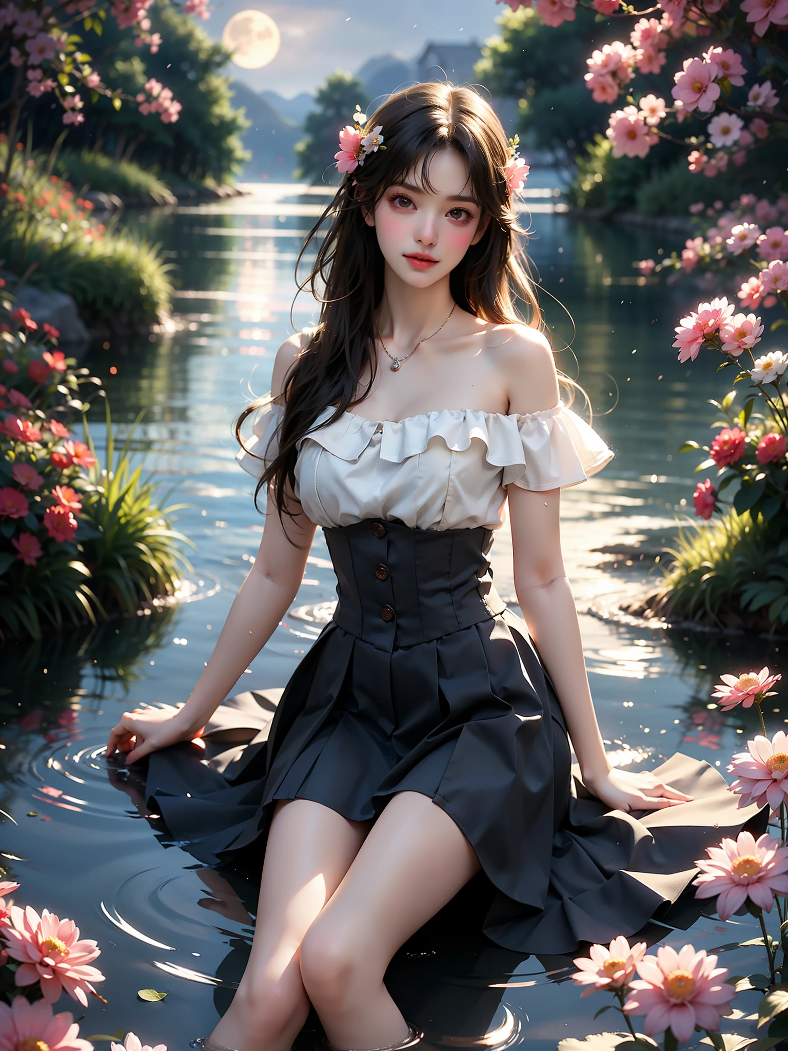 cyb skirt, cyb shirt, high-waist skirt, neck ribbon (High quality details), 1 Girl, solo, Young women, Elegant Posture, ((night, moonlight)), (Female figure，Lying in the water naturally，River Water，rock, Relaxed expression), (Focus on natural body posture and correct anatomy:1.3), (Perfect leg proportions:1.3)，(True and accurate leg shape:1.2), ((Natural leg position)), The skirt is very short, One hand stroked the hem of the skirt, Lift the hem of your skirt, Bare shoulders, Natural posture, Soft expression, Exquisite makeup, Soft blush, Bright Eyes, Soft lips, Flower fairy style, ((Anatomically accurate)), (Real natural legs), Smooth skin, Soft lighting, high resolution, 8K Ultra HD, Clear focus, Professional photography effects, Random elegant scenes, Multi-angle shooting