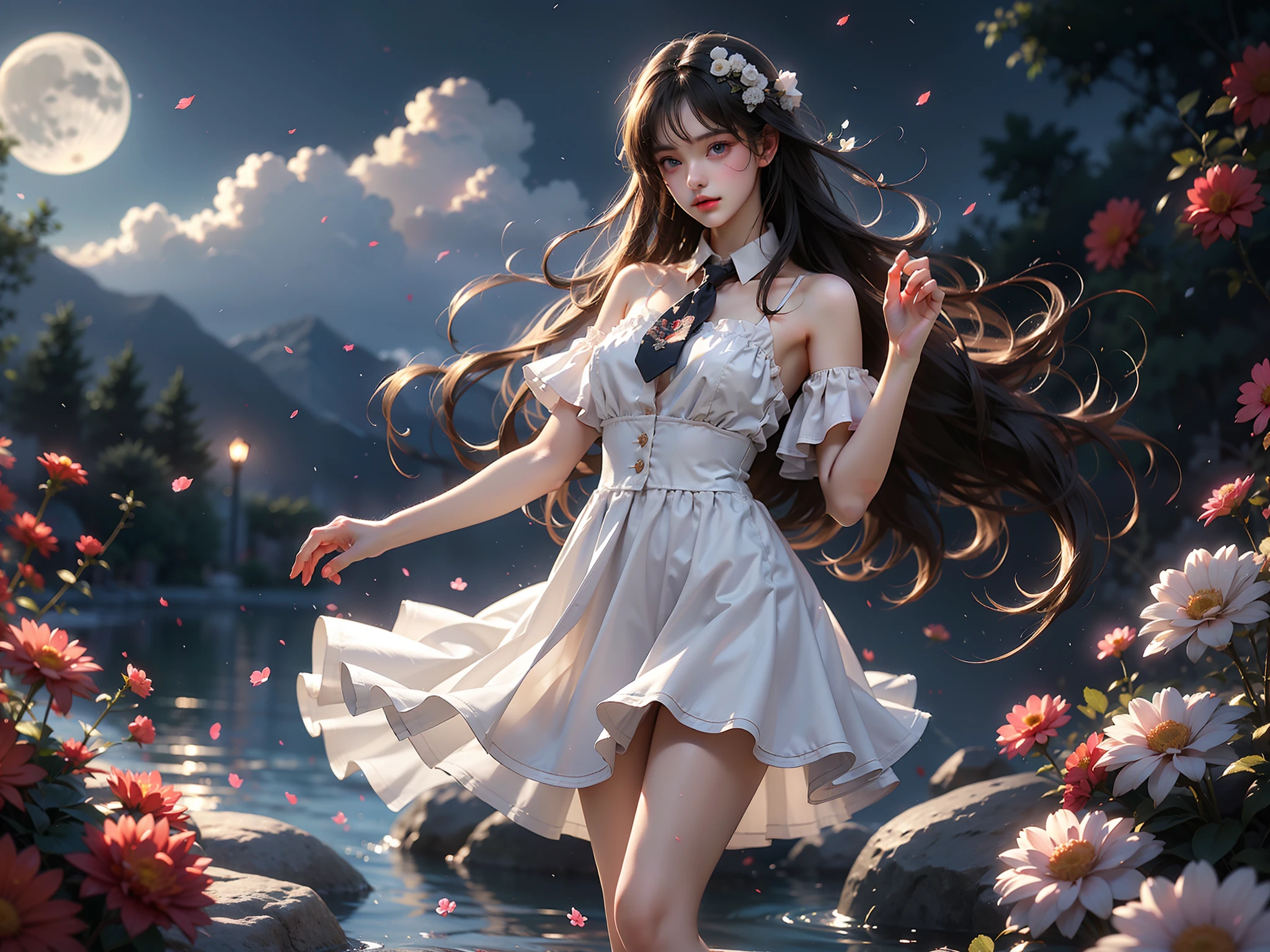 cyb dress, cyb shirt, cyb skirt, necktie, suspender skirt, suspenders (High quality details), 1 Girl, solo, Young women, Elegant Posture, ((night, moonlight)), (Female figure，Lying in the water naturally，River Water，rock, Relaxed expression), (Focus on natural body posture and correct anatomy:1.3), (Perfect leg proportions:1.3)，(True and accurate leg shape:1.2), ((Natural leg position)), The skirt is very short, One hand stroked the hem of the skirt, Lift the hem of your skirt, Bare shoulders, Natural posture, Soft expression, Exquisite makeup, Soft blush, Bright Eyes, Soft lips, Flower fairy style, ((Anatomically accurate)), (Real natural legs), Smooth skin, Soft lighting, high resolution, 8K Ultra HD, Clear focus, Professional photography effects, Random elegant scenes, Multi-angle shooting