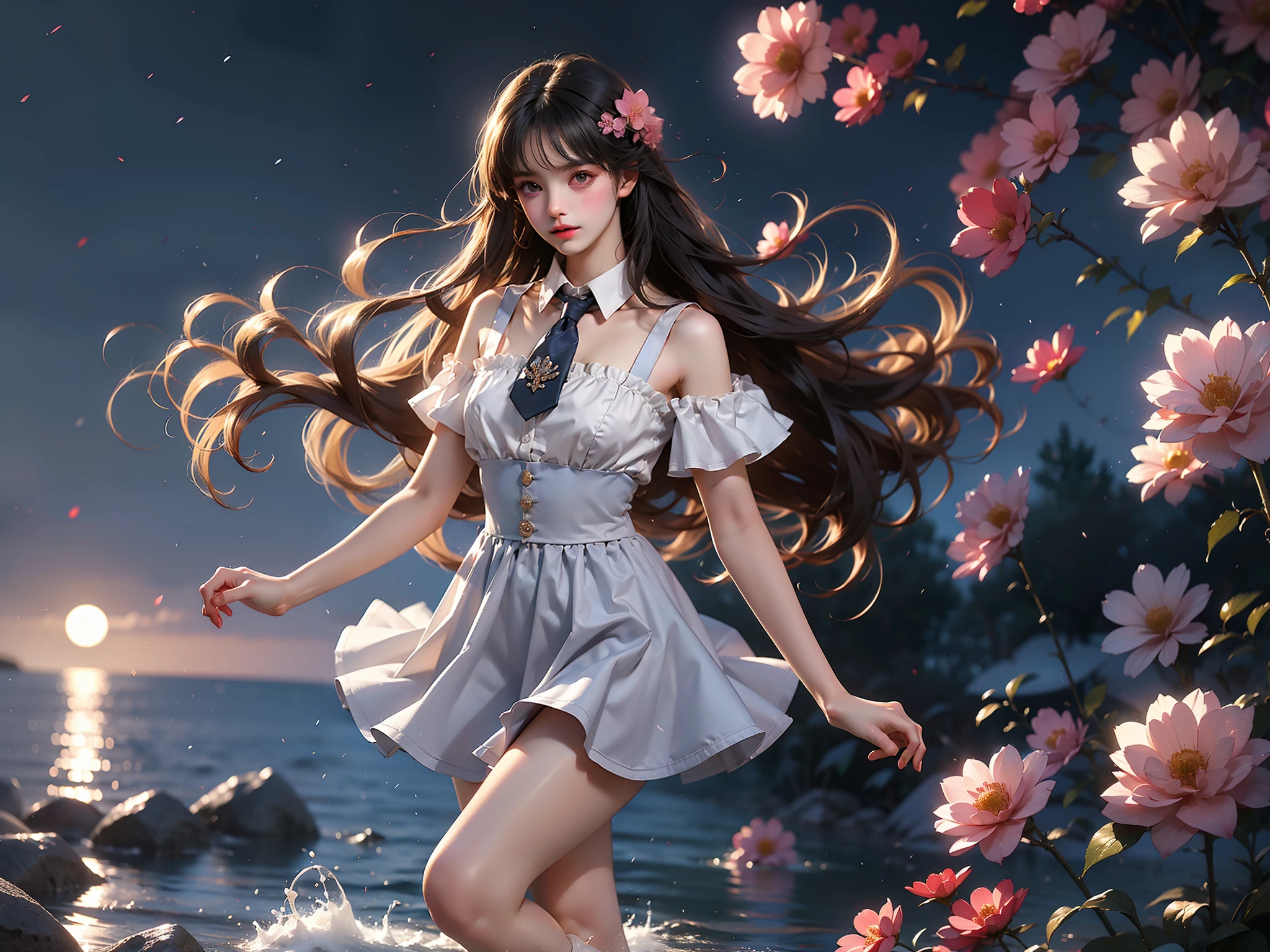 cyb dress, cyb shirt, cyb skirt, necktie, suspender skirt, suspenders (High quality details), 1 Girl, solo, Young women, Elegant Posture, ((night, moonlight)), (Female figure，Lying in the water naturally，River Water，rock, Relaxed expression), (Focus on natural body posture and correct anatomy:1.3), (Perfect leg proportions:1.3)，(True and accurate leg shape:1.2), ((Natural leg position)), The skirt is very short, One hand stroked the hem of the skirt, Lift the hem of your skirt, Bare shoulders, Natural posture, Soft expression, Exquisite makeup, Soft blush, Bright Eyes, Soft lips, Flower fairy style, ((Anatomically accurate)), (Real natural legs), Smooth skin, Soft lighting, high resolution, 8K Ultra HD, Clear focus, Professional photography effects, Random elegant scenes, Multi-angle shooting