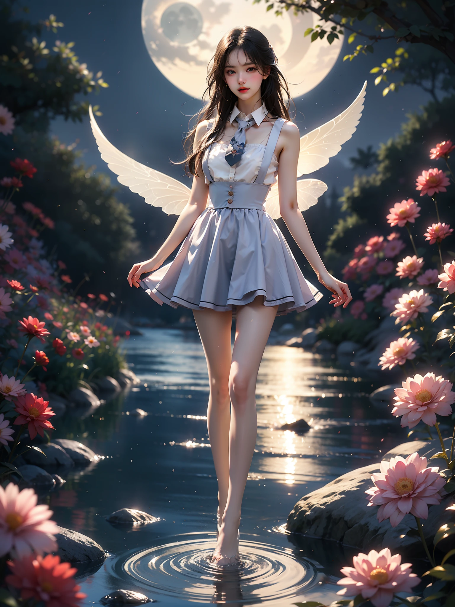 cyb dress, cyb shirt, cyb skirt, necktie, suspender skirt, suspenders (High quality details), 1 Girl, solo, Young women, Elegant Posture, ((night, moonlight)), (Female figure，Lying in the water naturally，River Water，rock, Relaxed expression), (Focus on natural body posture and correct anatomy:1.3), (Perfect leg proportions:1.3)，(True and accurate leg shape:1.2), ((Natural leg position)), The skirt is very short, One hand stroked the hem of the skirt, Lift the hem of your skirt, Bare shoulders, Natural posture, Soft expression, Exquisite makeup, Soft blush, Bright Eyes, Soft lips, Flower fairy style, ((Anatomically accurate)), (Real natural legs), Smooth skin, Soft lighting, high resolution, 8K Ultra HD, Clear focus, Professional photography effects, Random elegant scenes, Multi-angle shooting