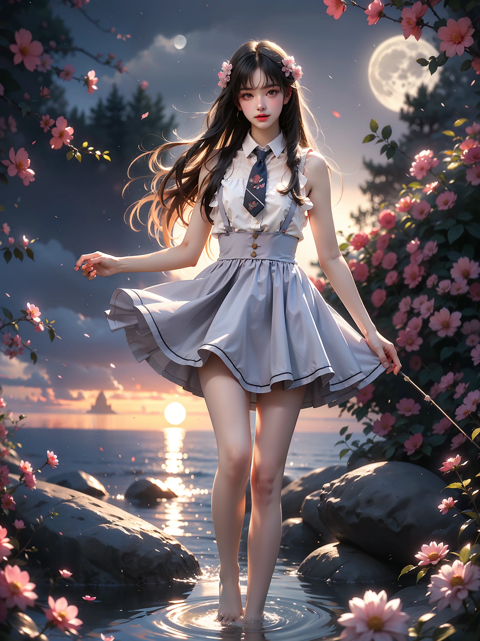 cyb dress, cyb shirt, cyb skirt, necktie, suspender skirt, suspenders (High quality details), 1 Girl, solo, Young women, Elegant Posture, ((night, moonlight)), (Female figure，Lying in the water naturally，River Water，rock, Relaxed expression), (Focus on natural body posture and correct anatomy:1.3), (Perfect leg proportions:1.3)，(True and accurate leg shape:1.2), ((Natural leg position)), The skirt is very short, One hand stroked the hem of the skirt, Lift the hem of your skirt, Bare shoulders, Natural posture, Soft expression, Exquisite makeup, Soft blush, Bright Eyes, Soft lips, Flower fairy style, ((Anatomically accurate)), (Real natural legs), Smooth skin, Soft lighting, high resolution, 8K Ultra HD, Clear focus, Professional photography effects, Random elegant scenes, Multi-angle shooting