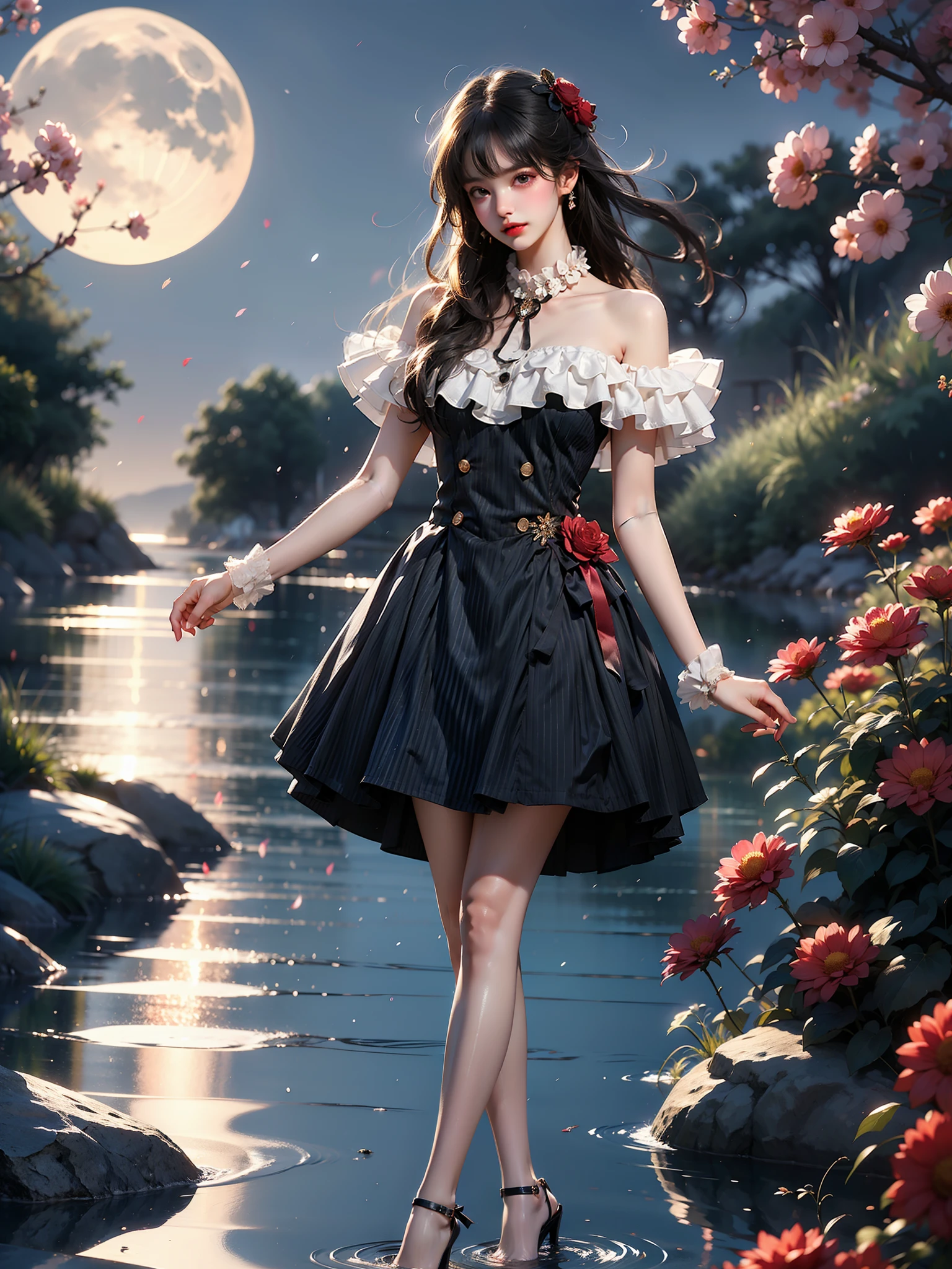 dating dress, pantyhose, high heels (High quality details), 1 Girl, solo, Young women, Elegant Posture, ((night, moonlight)), (Female figure，Lying in the water naturally，River Water，rock, Relaxed expression), (Focus on natural body posture and correct anatomy:1.3), (Perfect leg proportions:1.3)，(True and accurate leg shape:1.2), ((Natural leg position)), The skirt is very short, One hand stroked the hem of the skirt, Lift the hem of your skirt, Bare shoulders, Natural posture, Soft expression, Exquisite makeup, Soft blush, Bright Eyes, Soft lips, Flower fairy style, ((Anatomically accurate)), (Real natural legs), Smooth skin, Soft lighting, high resolution, 8K Ultra HD, Clear focus, Professional photography effects, Random elegant scenes, Multi-angle shooting