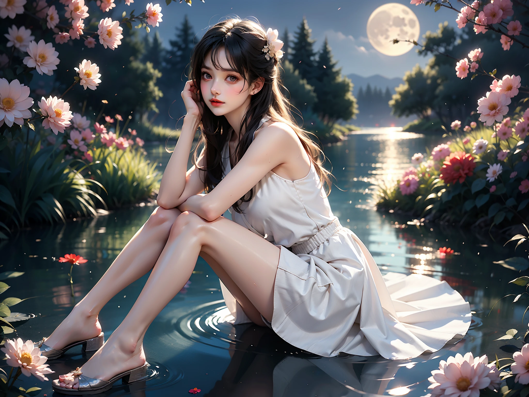 dating dress, pantyhose, high heels (High quality details), 1 Girl, solo, Young women, Elegant Posture, ((night, moonlight)), (Female figure，Lying in the water naturally，River Water，rock, Relaxed expression), (Focus on natural body posture and correct anatomy:1.3), (Perfect leg proportions:1.3)，(True and accurate leg shape:1.2), ((Natural leg position)), The skirt is very short, One hand stroked the hem of the skirt, Lift the hem of your skirt, Bare shoulders, Natural posture, Soft expression, Exquisite makeup, Soft blush, Bright Eyes, Soft lips, Flower fairy style, ((Anatomically accurate)), (Real natural legs), Smooth skin, Soft lighting, high resolution, 8K Ultra HD, Clear focus, Professional photography effects, Random elegant scenes, Multi-angle shooting