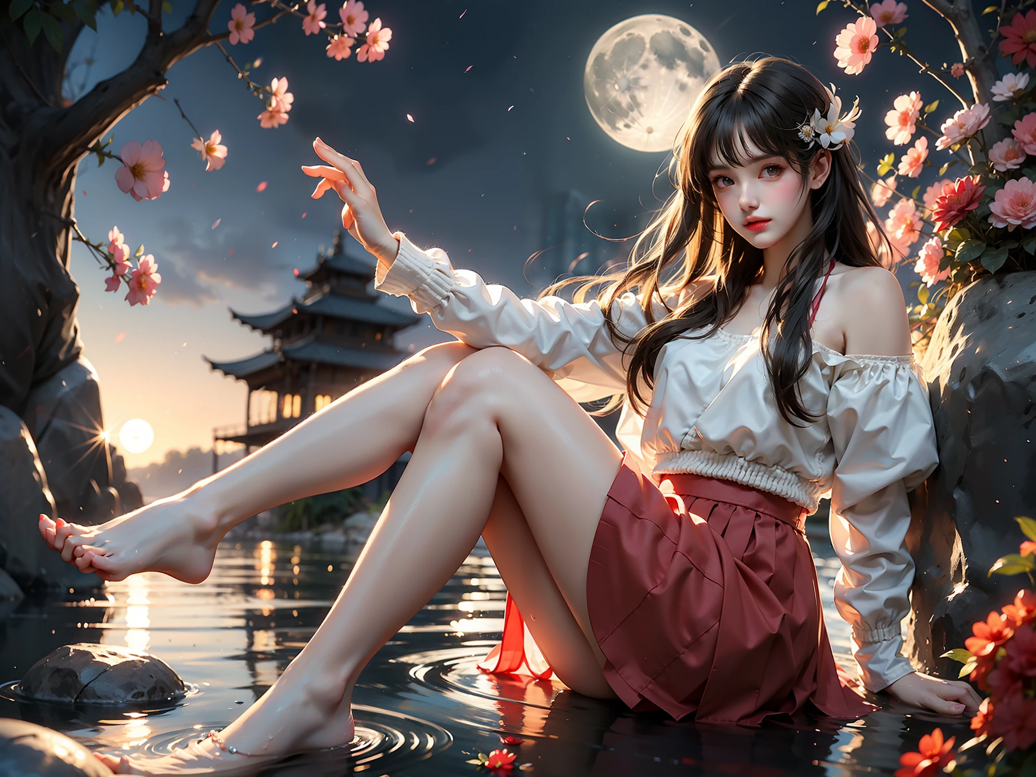 dating attire (High quality details), 1 Girl, solo, Young women, Elegant Posture, ((night, moonlight)), (Female figure，Lying in the water naturally，River Water，rock, Relaxed expression), (Focus on natural body posture and correct anatomy:1.3), (Perfect leg proportions:1.3)，(True and accurate leg shape:1.2), ((Natural leg position)), The skirt is very short, One hand stroked the hem of the skirt, Lift the hem of your skirt, Bare shoulders, Natural posture, Soft expression, Exquisite makeup, Soft blush, Bright Eyes, Soft lips, Flower fairy style, ((Anatomically accurate)), (Real natural legs), Smooth skin, Soft lighting, high resolution, 8K Ultra HD, Clear focus, Professional photography effects, Random elegant scenes, Multi-angle shooting