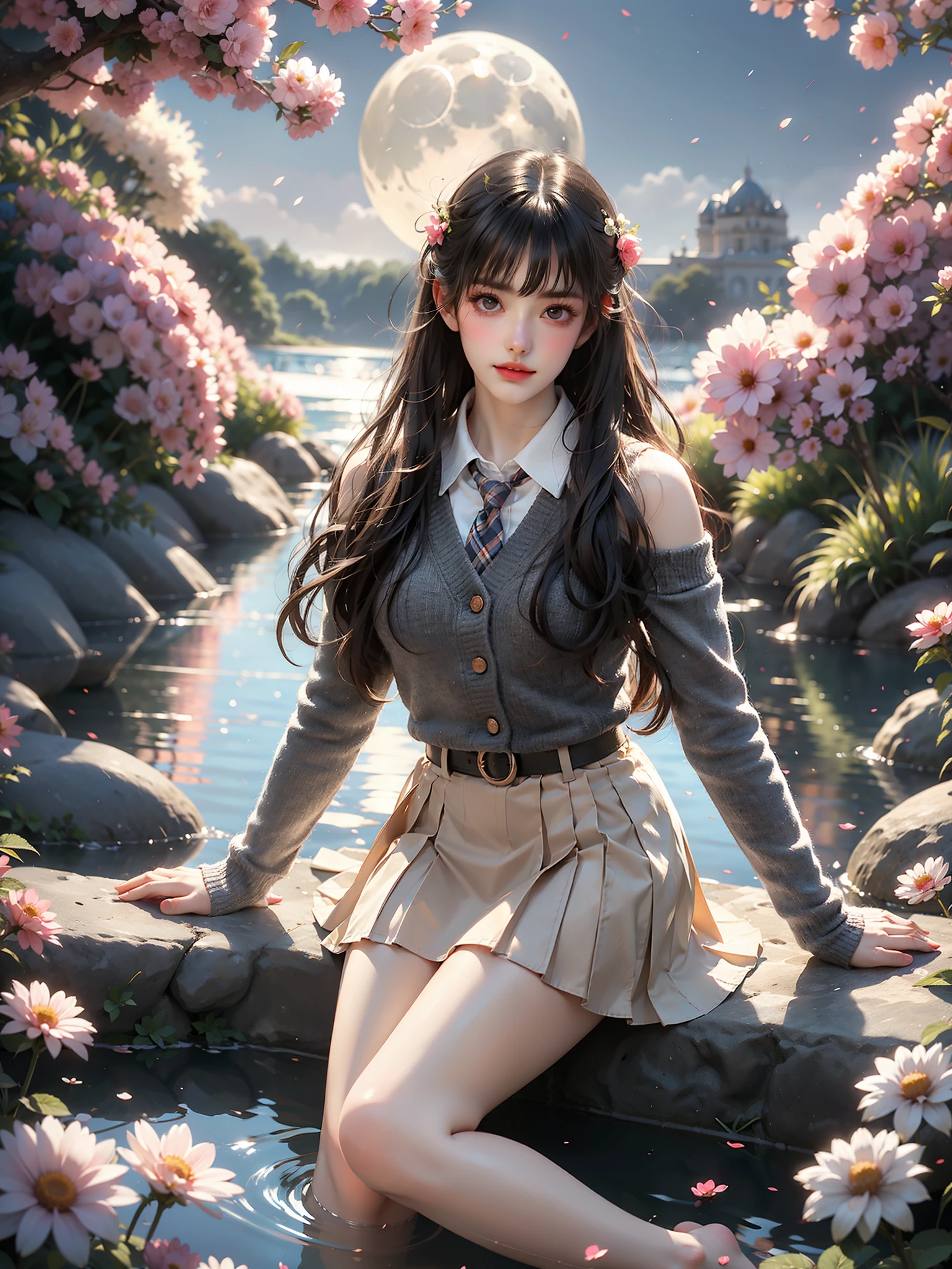 dating attire, sweater jacket, necktie, collared shirt, brown skirt, belt (High quality details), 1 Girl, solo, Young women, Elegant Posture, ((night, moonlight)), (Female figure，Lying in the water naturally，River Water，rock, Relaxed expression), (Focus on natural body posture and correct anatomy:1.3), (Perfect leg proportions:1.3)，(True and accurate leg shape:1.2), ((Natural leg position)), The skirt is very short, One hand stroked the hem of the skirt, Lift the hem of your skirt, Bare shoulders, Natural posture, Soft expression, Exquisite makeup, Soft blush, Bright Eyes, Soft lips, Flower fairy style, ((Anatomically accurate)), (Real natural legs), Smooth skin, Soft lighting, high resolution, 8K Ultra HD, Clear focus, Professional photography effects, Random elegant scenes, Multi-angle shooting