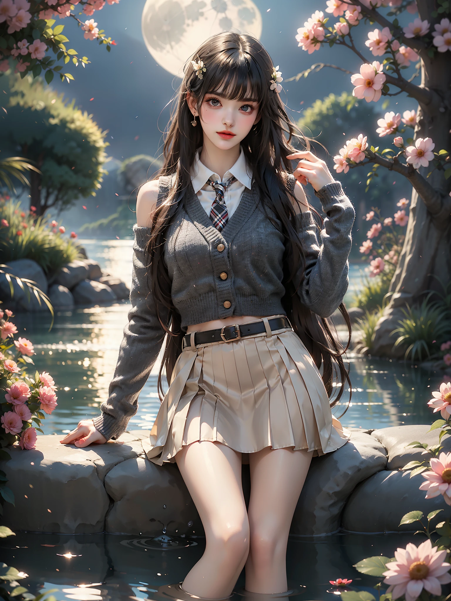 dating attire, sweater jacket, necktie, collared shirt, brown skirt, belt (High quality details), 1 Girl, solo, Young women, Elegant Posture, ((night, moonlight)), (Female figure，Lying in the water naturally，River Water，rock, Relaxed expression), (Focus on natural body posture and correct anatomy:1.3), (Perfect leg proportions:1.3)，(True and accurate leg shape:1.2), ((Natural leg position)), The skirt is very short, One hand stroked the hem of the skirt, Lift the hem of your skirt, Bare shoulders, Natural posture, Soft expression, Exquisite makeup, Soft blush, Bright Eyes, Soft lips, Flower fairy style, ((Anatomically accurate)), (Real natural legs), Smooth skin, Soft lighting, high resolution, 8K Ultra HD, Clear focus, Professional photography effects, Random elegant scenes, Multi-angle shooting