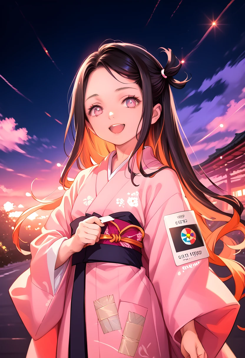 masterpiece, (photorealistic:1.5), Realistic eyes, Asian woman, Best quality, beautiful lighting, professional lighting, Photonic mapping, radiation, physically based rendering,, kamado nezuko, 1 girl, black hair, forehead, hair tape, japanese clothing, kimono, long hair, multicolored hair, open mouth, Pink eyes, pink kimono, pink tape, tape, smile, very long hair, sky, ((got old)),, (RAW photo, 8k contract, granularity)