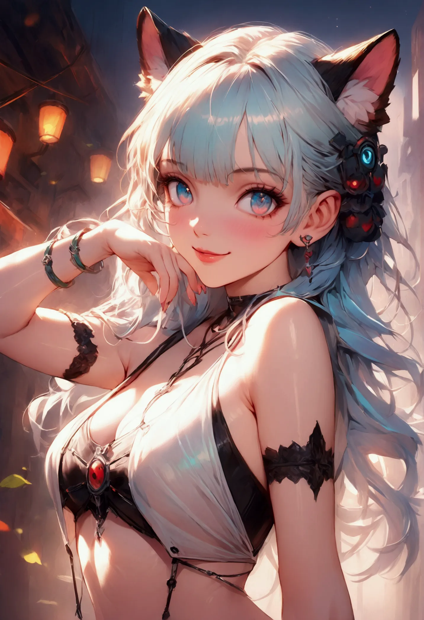 (best quality,ultra-detailed,realistic:1.37),cute anime girl,light blue hair,detailed eyes,detailed lips,smiling,wearing a cute ...