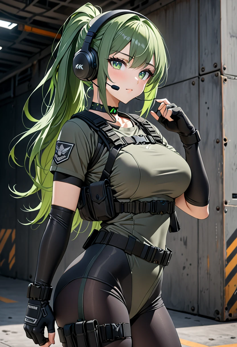 8K Ultra High-Quality, ultra-detailed, High quality, Green hair, long pony tail hair, green eyes, big chest, green pain, Headset, Grey Tactical clothes, Military clothes, fingerless gloves, black spandex under clothes, body harness, Looking at viewer, choker, full body, side view, close up