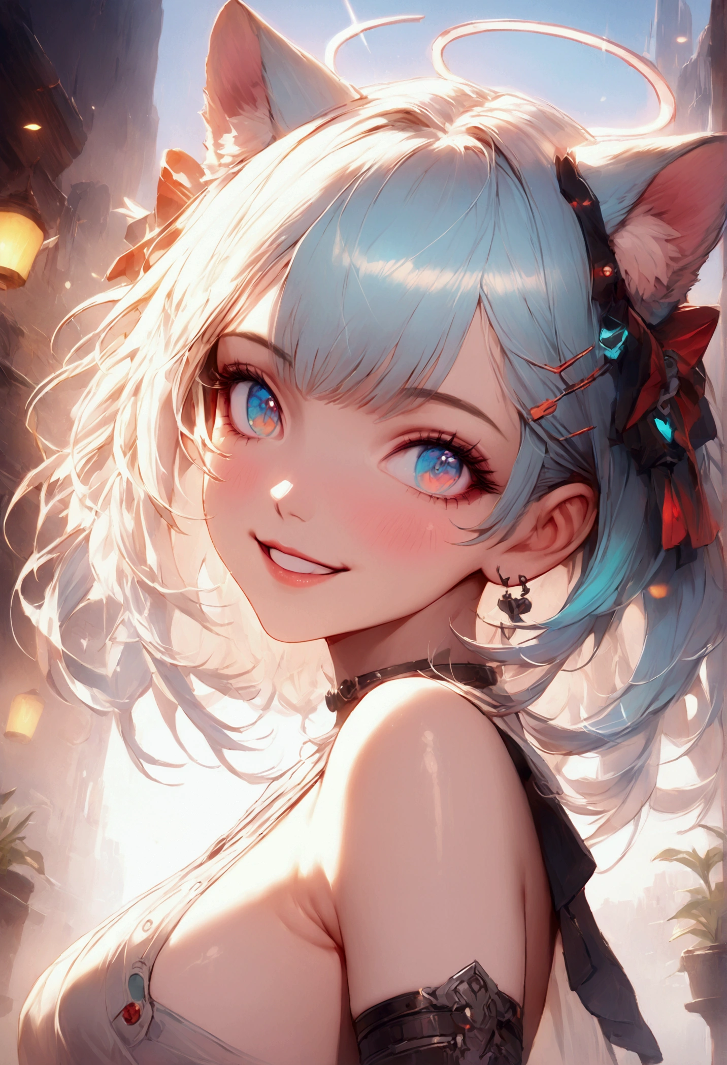 (best quality,ultra-detailed,realistic:1.37),cute anime girl,light blue hair,detailed eyes,detailed lips,smiling,wearing a cute outfit,cheerful expression,vibrant colors,soft lighting,anime style,fantasy background,playful pose,beautifully illustrated, vtuber, cyberpunk anime girl, sassy, sexy, nude, removed clothes, hentai, naked