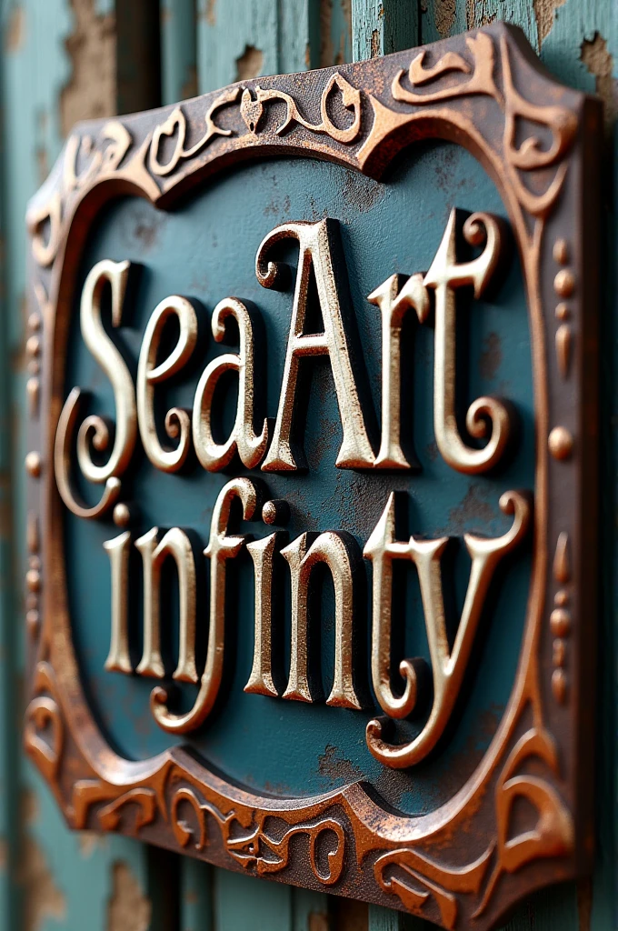 a rustic 3D Sign Art in the form of a Gothic Style Steal Plating Reading the words "SeaArt Infinity" Gothic Lettering dripping in Rust