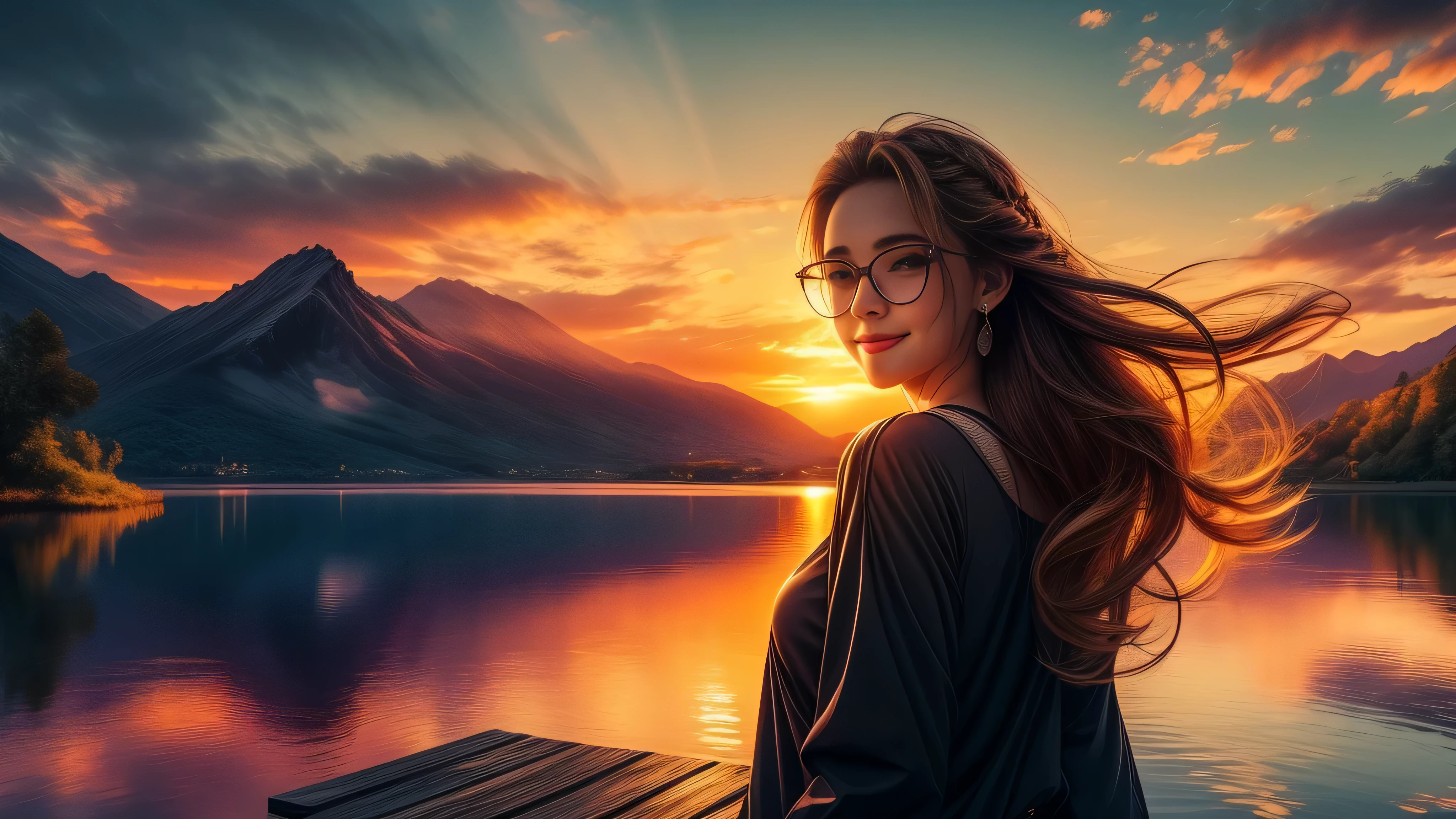 1girl, blush, closed mouth, earrings, gradient, jewelry, long hair, long sleeves, short shorts, looking at viewer, solo, twin braids, upper body, black-framed eye wear, seductive smile, wind, floating hair, wavy hair, light smile, from behind, back, masterpiece, best quality, intricate details,sunset, a wooden dock leading to a lake with a mountain in the background at sunset or dawn with clouds in the sky, lake, a picture, neo-romanticism