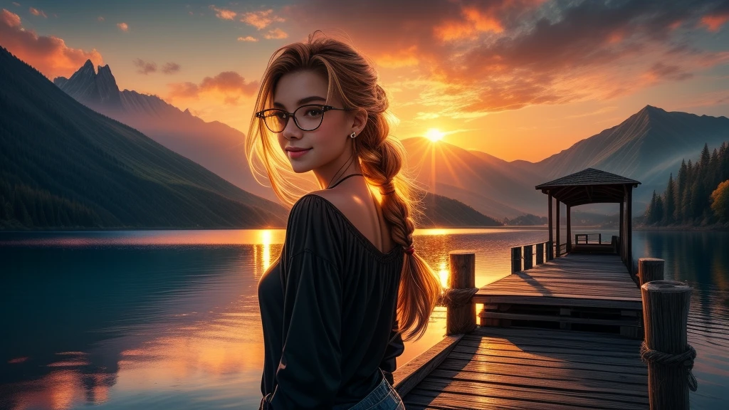 1girl, blush, closed mouth, earrings, gradient, jewelry, long hair, long sleeves, short shorts, looking at viewer, solo, twin braids, upper body, black-framed eye wear, seductive smile, wind, floating hair, wavy hair, light smile, from behind, back, masterpiece, best quality, intricate details,sunset, a wooden dock leading to a lake with a mountain in the background at sunset or dawn with clouds in the sky, lake, a picture, neo-romanticism