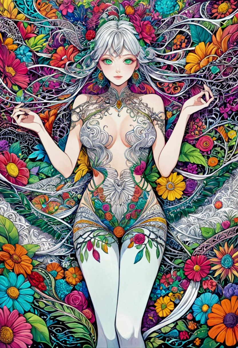 Official Art, colorful, Very detailed, beautiful and aesthetic, beautiful, masterpiece, Highest quality, (zenTangle, colorful, Tangle, enTangle), (Flower Ecstasy:1.2) Dynamic Angle, Girl To, the most beautiful form of chaos, elegant, Brutalist Design, Vibrant colors, Romanticism, Venus、The background is silver&green: Surrounded by a white aura、god々Shii、An illustration、、whole body