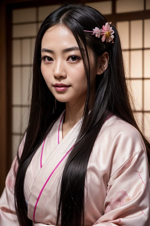 masterpiece, (photorealistic:1.5), Realistic eyes, Asian woman, Best quality, beautiful lighting, professional lighting, Photonic mapping, radiation, physically based rendering,, kamado nezuko, 1 girl, black hair, forehead, hair tape, japanese clothing, kimono, long hair, multicolored hair, open mouth, Pink eyes, pink kimono, pink tape, tape, smile, very long hair, sky, ((got old)),, (RAW photo, 8k contract, granularity)