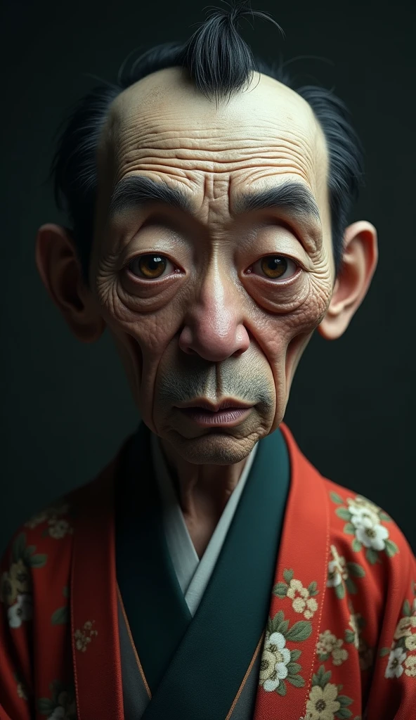 a surreal portrait of an old Japanese man with a disproportionately large head and , wearing a traditional Japanese kimono, with  black hair, (best quality,4k,8k,highres,masterpiece:1.2),ultra-detailed,(realistic,photorealistic,photo-realistic:1.37),extremely detailed eyes and face,longeyelashes,intricate textile patterns,dramatic lighting,moody atmosphere,muted color palette,cinematic composition